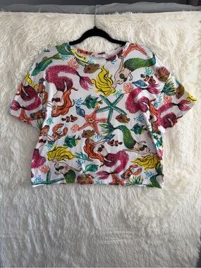 Zara Womens Mermaid Sea Life Crop T-Shirt Size L White Boxy Indie Kid Oceancore